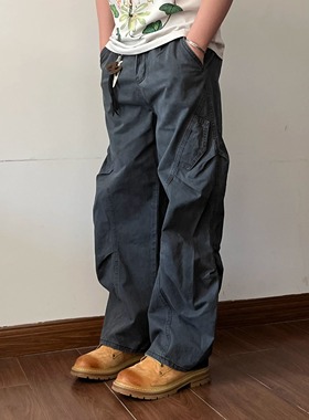 Lifenotes复古做旧cleanfit褶皱伞兵工装裤弯刀baggy版型休闲长裤