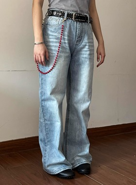Lifenotes水洗蓝白渐变撞色牛仔裤宽松直通拖地中腰男女自然做旧