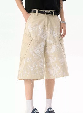 Lifenotes美式复古做旧涂鸦多口袋阔腿七分短裤cleanfit做旧街头