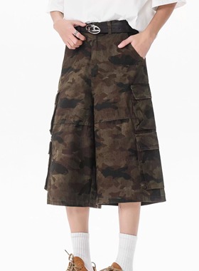 Lifenotes迷彩休闲cleanfit七分短裤纯棉阔版复古做旧工装裤