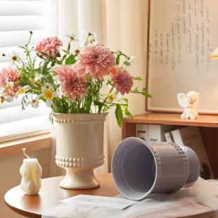 法式高脚陶瓷有孔花盆桌面3.5寸蝴蝶兰文心兰专用套盆陶瓷花瓶