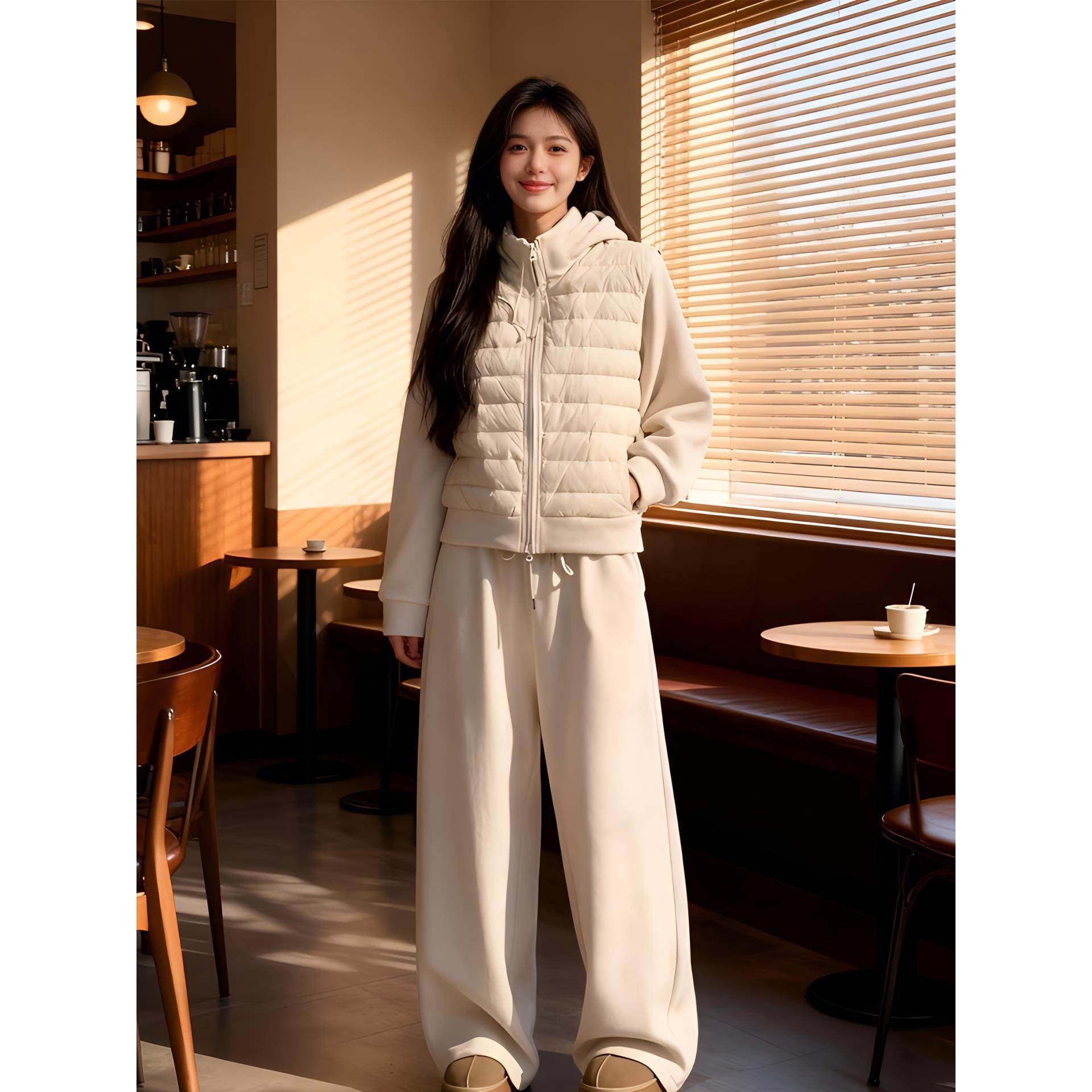 韩版拼接袖立领排骨棉服外套高腰松紧腰卫裤两件套女2025秋冬季款