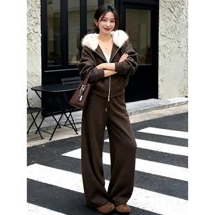 慵懒风加绒毛毛连帽卫衣外套+阔腿裤两件套冬季韩系休闲显瘦套装