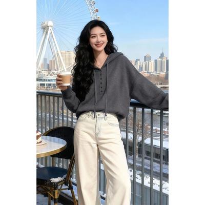 轻熟风显气质时尚针织衫女2025冬季新款软糯质感纯色连帽上衣毛衣