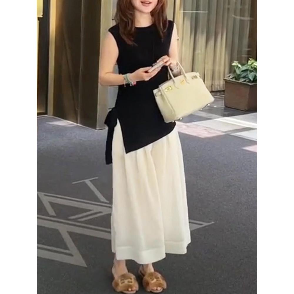 夏日出游一整套穿搭女2025夏季新款不规则上衣高腰纯色阔腿裤套装