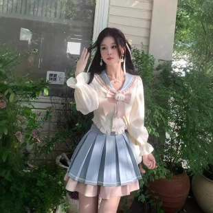 粉蓝撞色半裙别致套装 新款 秋兔子蝴蝶结上衣 韩版 甜美学院风套装