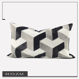 现代简约黑白色真牛皮抱枕套轻奢高端酒店样板间客厅沙发靠枕靠垫