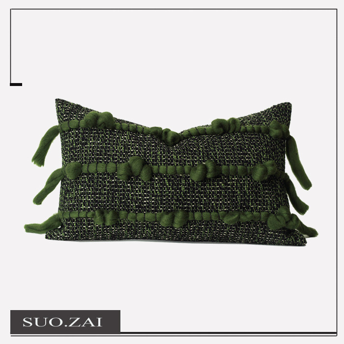 现代侘寂客厅ins风样板间靠垫飘窗绿色抱枕套高级感复古手工腰枕