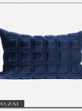 现代蓝色绗棉方块绣花方枕套轻奢样板间沙发靠枕酒店客厅抱枕靠垫