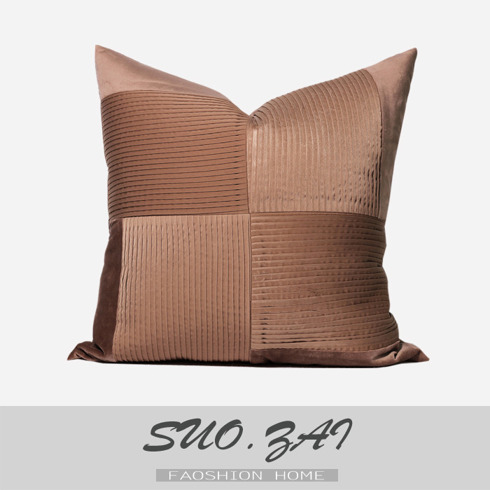 现代简约砖红色压折拼接抱枕样板房别墅沙发软装家居方枕靠包靠垫