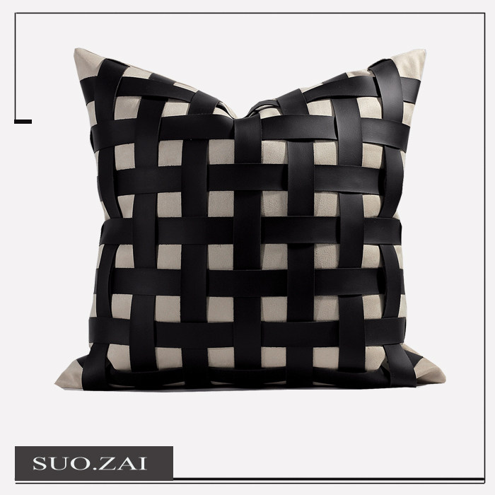 现代轻奢北欧黑色皮革编织方枕客厅样板间靠枕床头沙发靠垫抱枕套