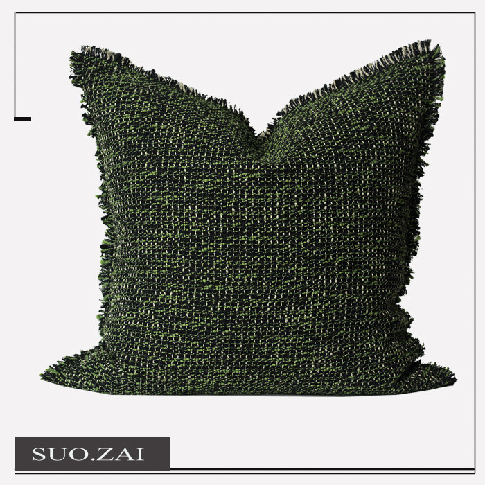 现代侘寂中古风棉麻肌理毛边抱枕套客厅沙发民宿绿色靠垫套靠枕
