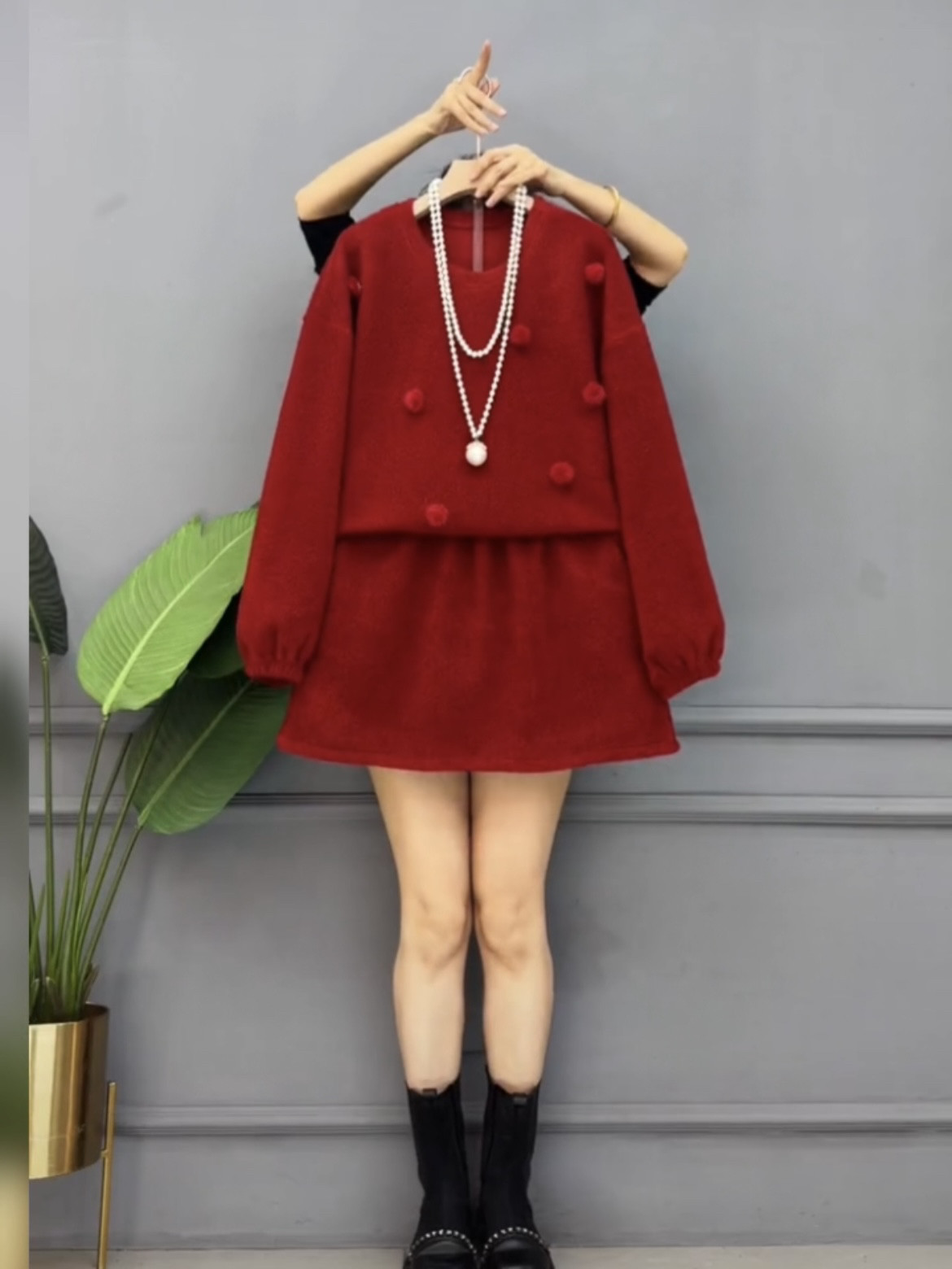 秋冬大码重工加厚卫衣短裙套装宽松洋气减龄两件套过年大红色套裙