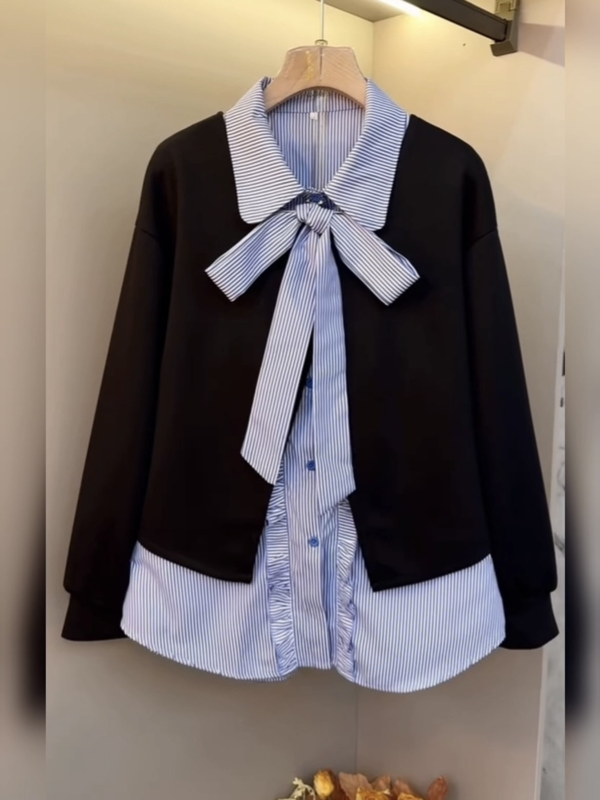 秋冬条纹衬衫两件套大码女装洋气蝴蝶结气质内搭减龄遮肉上衣套装