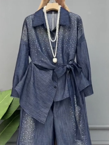 早春大码天丝牛仔烫钻衬衫阔腿裤套装高级感腰间系带两件套气质潮