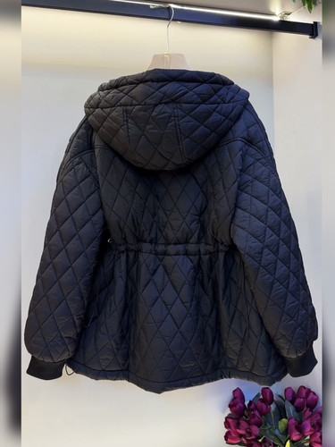 秋冬棱格收腰系带连帽棉服洋气超显瘦百搭遮肉大码外套保暖夹棉潮