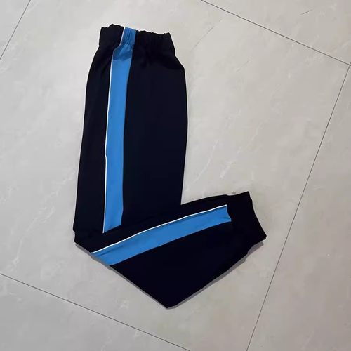 学生校服长裤束口浅蓝宽杠白细条