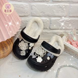 新款黑色花朵珍珠加绒洞洞鞋女童儿童家居棉拖鞋2025冬季新款防滑