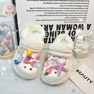 女童宝宝加绒拖鞋可外穿软底加厚保暖冬天可爱洞洞鞋户外防滑鞋子