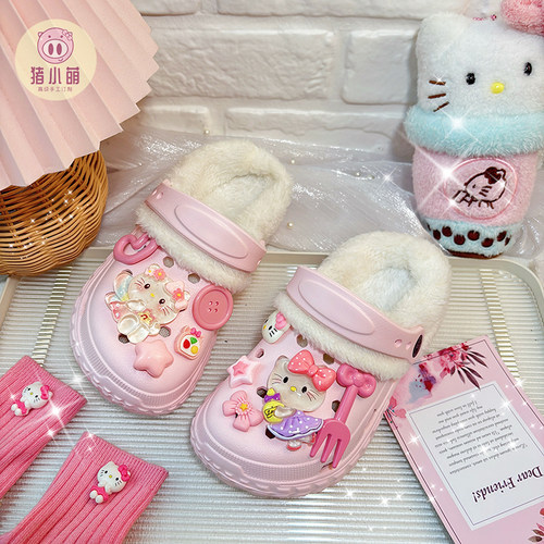 女童新款粉色猫咪叉子加绒洞洞鞋