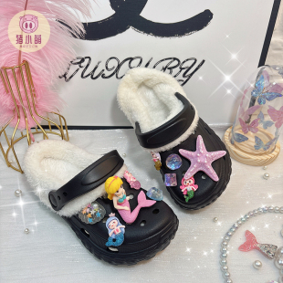 女童加绒拖鞋儿童小孩冬天洞洞鞋可爱外出鞋子室内家居居家高级感