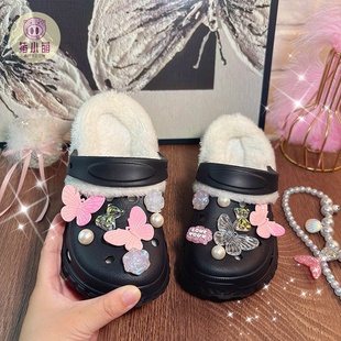 女童外穿加绒拖鞋女款冬季可拆卸内胆保暖厚底儿童洞洞鞋室内防滑