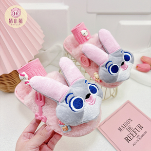 可爱粉色包头棉拖鞋女童卡通一字拖儿童女孩室内防滑拖鞋冬天冬季