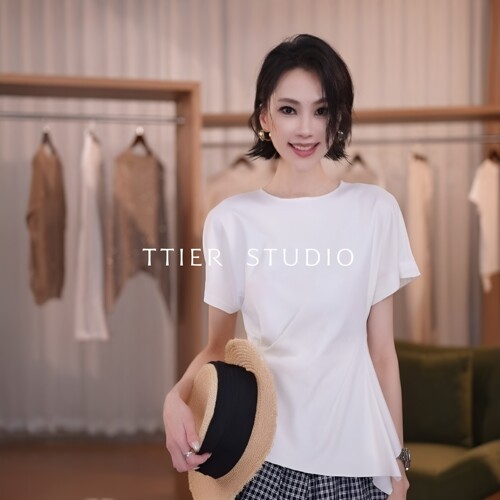 TTIER | 【柔光叠袂】夏新款桑蚕丝天丝袖褶皱遮肉显瘦上衣MS258