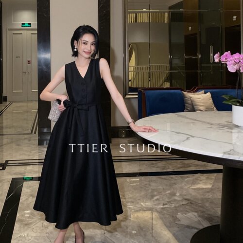 TTIER| 【女主角】夏新款V领收腰显瘦气质短袖连衣裙女款MSL169