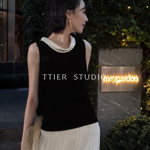 TTIER｜【水滴】A面真丝丝绒B面醋酸撞色设计无袖上衣MSL100