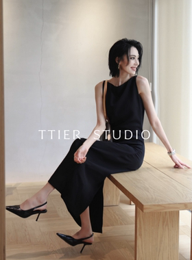 TTIER【黑裙天菜】极简大女主显瘦无袖露背醋酸连衣裙MSL183