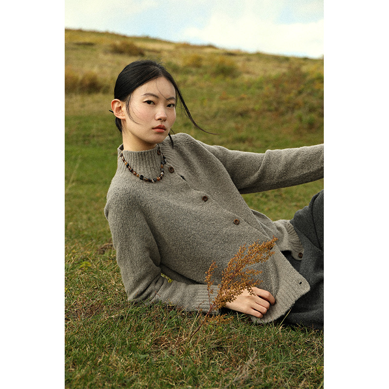 【迷雾】云栖橪 玲珑纱羊绒半高领文艺日系感女开衫外套春秋冬季