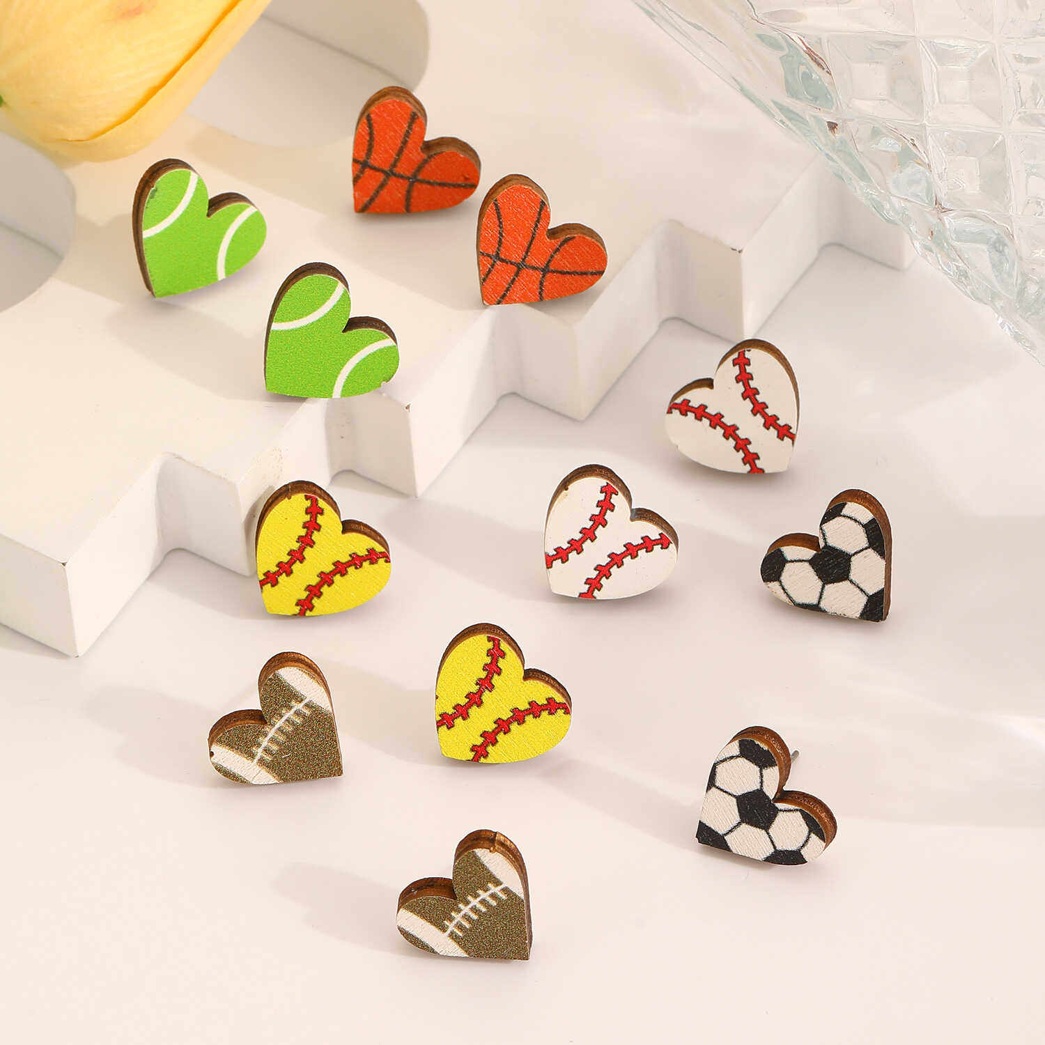 Love ball earrings木质运动球类爱心耳钉棒球橄榄球足球篮球耳饰