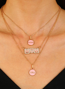 设计感粉色母亲节MOM多层项链