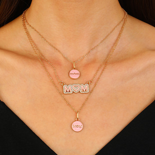 Mother's day necklace设计感粉色母亲节MOM多层项链镶钻滴油颈链