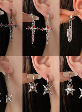 Thorn rose cross earrings甜酷y2k哥特风荆棘玫瑰红心十字架耳扣