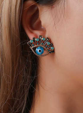 Eye stud稀奇古怪蓝色眼睛耳钉异域风情时尚民族复古蓝钻别致耳环