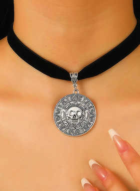 千禧风甜酷黑色绒布暗黑海盗颈链