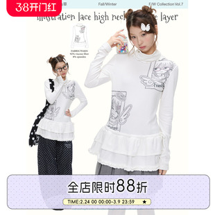 BETWEENANDx章鱼草 冬季白色半高领磨毛舒适保暖印花上衣花边叠穿