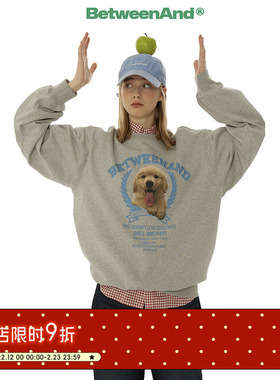 BETWEENAND 冬季吐舌小狗宽松休闲套头可爱圆领灰色卫衣情侣女