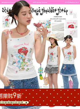BETWEENANDx鸟鸟一 夏日星星烫珠斜肩吊带上衣印花内搭外穿背心女