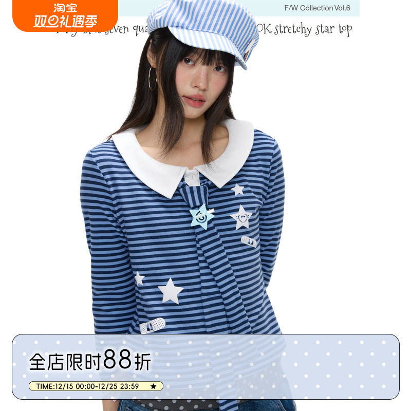 海军蓝七分袖娃娃领上衣