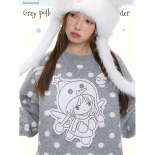 BETWEENAND「爱神降临」冬季 贴布绣天使灰色波点套头软糯暖和毛衣