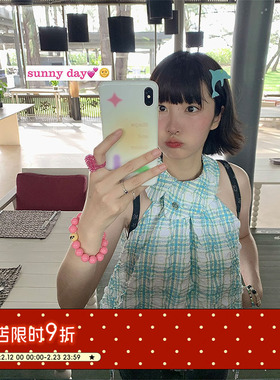 BETWEENAND 夏日绿色泡泡格纹小圆领无袖衬衫别致设计感小衫上衣