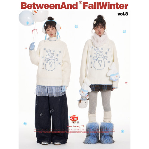 BETWEENAND 冬日白色雪人圆领厚实超好看上衣女宽松保暖软糯毛衣