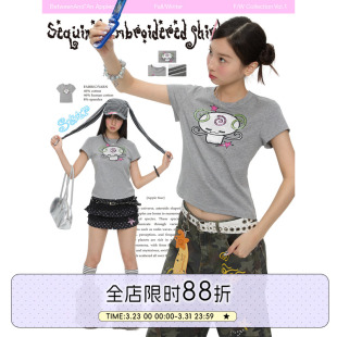 上衣女基础原创设计短款 灰色卡通贴布绣花短袖 t恤 夏季 BETWEENAND