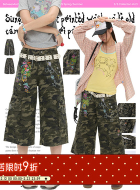 BETWEENANDx鸟鸟一 夏季美式复古印花迷彩裤七分裤女2026新款裤子