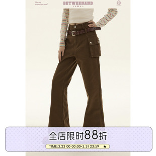 重工口袋棕色高腰微喇工装 显腿细甜辣长裤 裤 修身 秋季 BETWEENAND