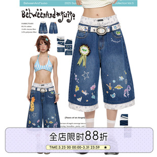 七分裤 原创设计双腰头小贴纸印花烫珠宽松牛仔裤 夏季 BETWEENAND