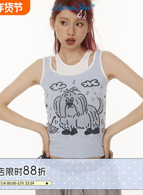 BETWEENAND 不吞夏季雨天狗狗假两件紧身背心女手绘涂鸦吊带上衣